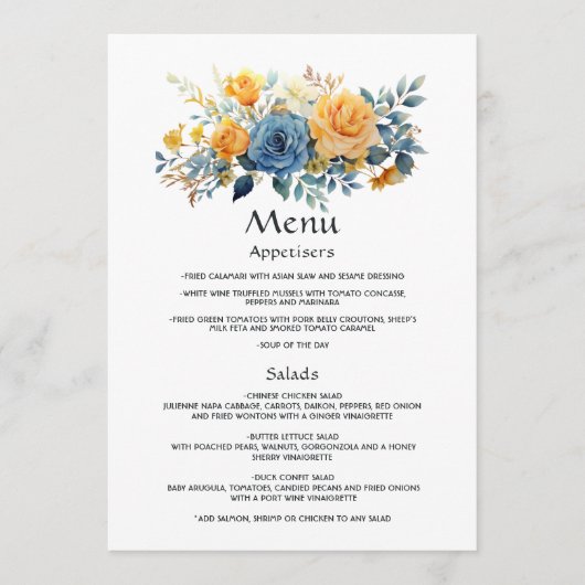 Menu Mariage floral bleu et or (Devant)