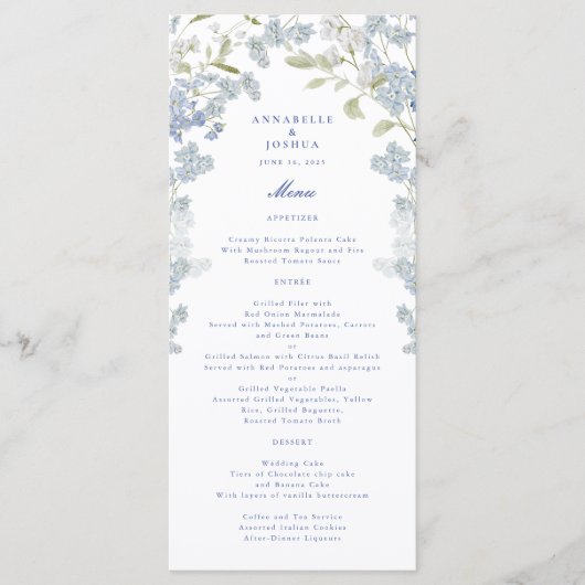 Menu Mariage Floral bleu français (Devant)