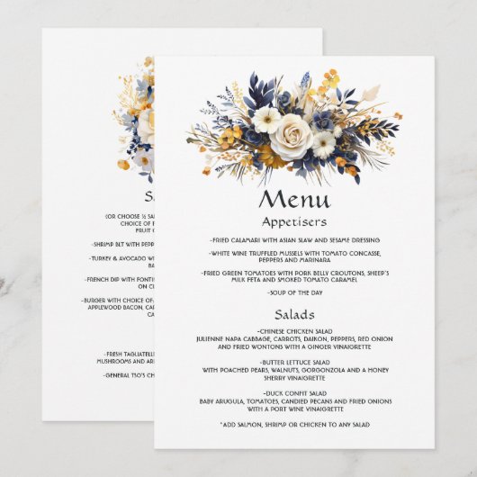 Menu Mariage floral bleu marine, blanc et or (Devant / Derrière)