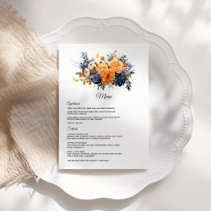 Menu Mariage Floral Bleu Nuit, Orange Brûlé et Champagn