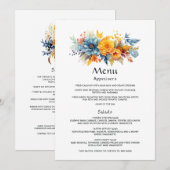 Menu Mariage floral bleu, orange et jaune (Devant / Derrière)