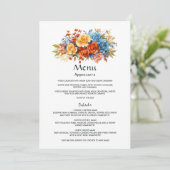Menu Mariage floral bleu, orange, jaune et rouge (Debout devant)