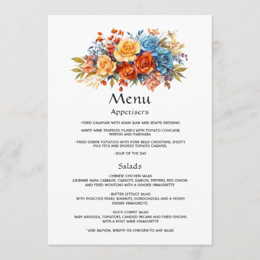 Menu Mariage floral bleu, orange, jaune et rouge (Devant)