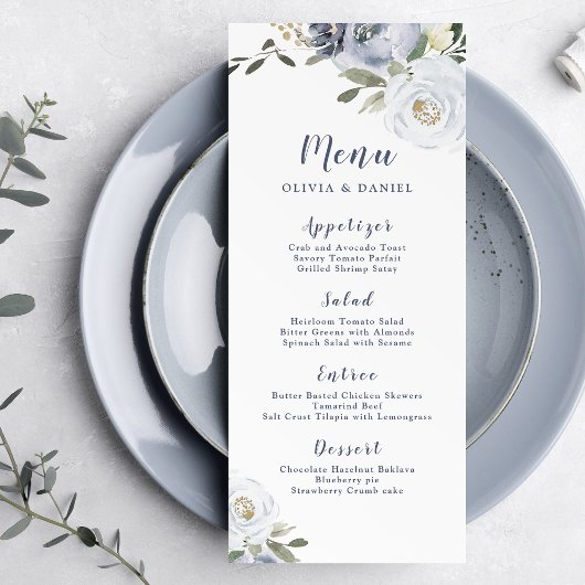 Menu Mariage floral bleu pâle fleuri botanique
