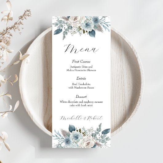 Menu Mariage floral bleu personnalisé (4"x9")