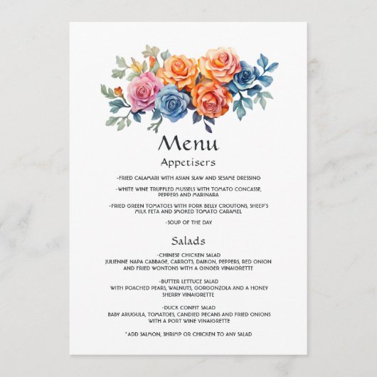 Menu Mariage floral bleu, rose, orange et vert (Devant)