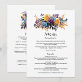 Menu Mariage floral bleu, violet, or et noir (Devant / Derrière)