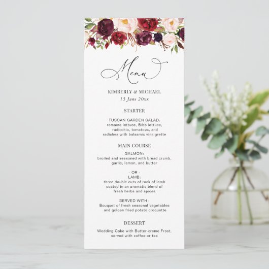Menu Mariage Floral Bourgogne Moderne Et Brut (Debout devant)