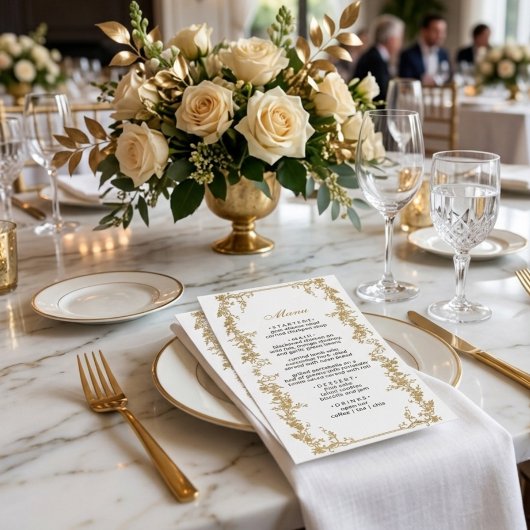 Menu Mariage floral chic de luxe blanc et or royal
