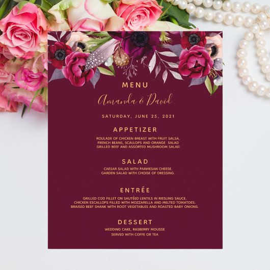 Menu mariage floral couleur eau bordeaux