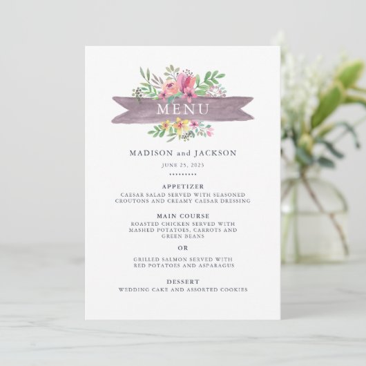 Menu Mariage floral d'aquarelle (Debout devant)