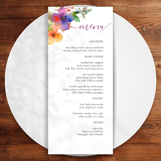 Menu Mariage floral d'aquarelle brillante