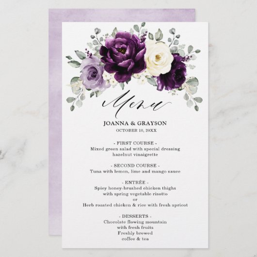 Menu Mariage floral d'aubergine de prune violette (Devant / Derrière)