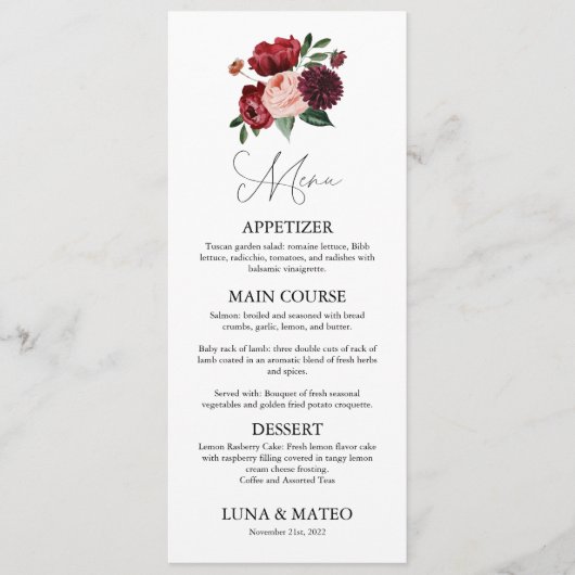 Menu Mariage floral de Bourgogne et de Blush (Devant)