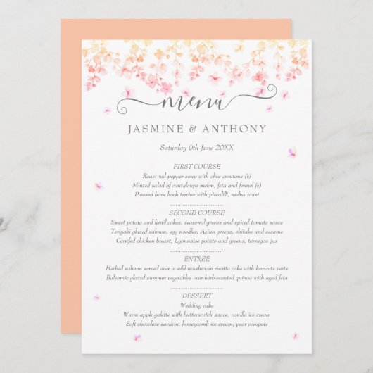 Menu Mariage floral de fleurs de pêche (Devant / Derrière)