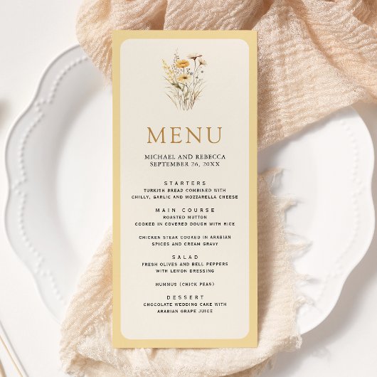 Menu Mariage floral de fleurs sauvages boho jaune