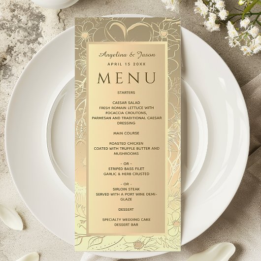 Menu Mariage Floral de Luxe avec Feuille d'Or