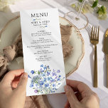 Menu Mariage floral Delicle Fleur sauvage Periwinkle<br><div class="desc">menu mariage fleur sauvage avec des fleurs sauvages aquarelles. Ce design floral sucré a des fleurs sauvages délicats et féminins dans une palette douce romantique de lilas, périwinkle, violet clair, lavande et bleu. Parfait pour les mariages du printemps et de l'été. Pour coordonner les invitations, la papeterie, les panneaux et...</div>