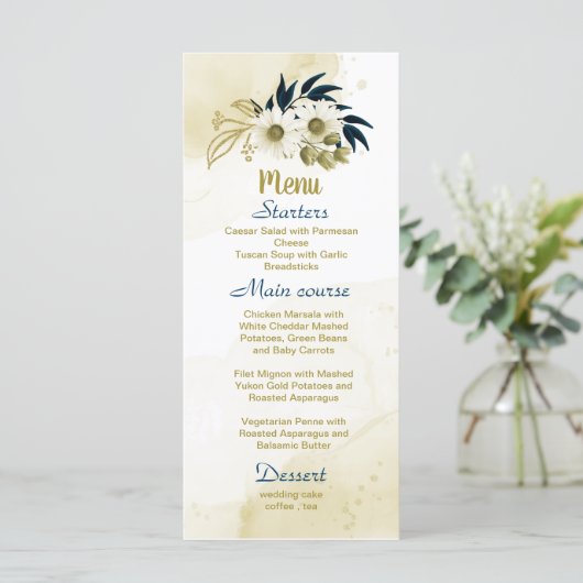 Menu Mariage floral d'ivoire bleu marine (Debout devant)