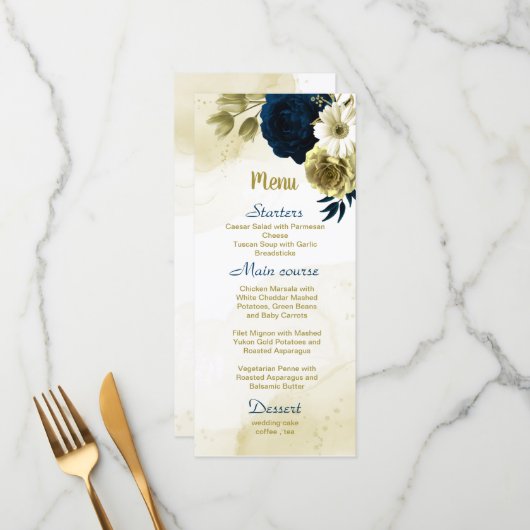Menu Mariage floral d'ivoire bleu marine (Devant/Arrière en situation)