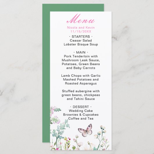 Menu Mariage floral du papillon vert du printemps (Devant / Derrière)