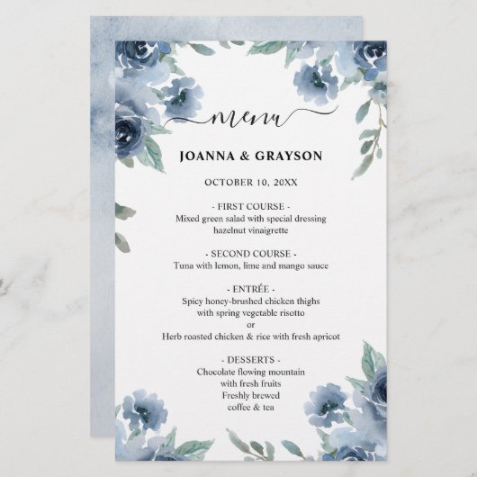 Menu Mariage floral Dusty Blue Slate Navy (Devant / Derrière)
