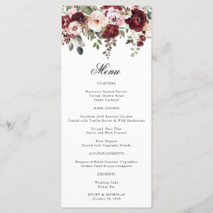 Menu Mariage Floral Élégant à l'Aquarelle Bourgogne et