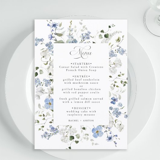 Menu Mariage Floral Élégant Bleu Blanc Vert