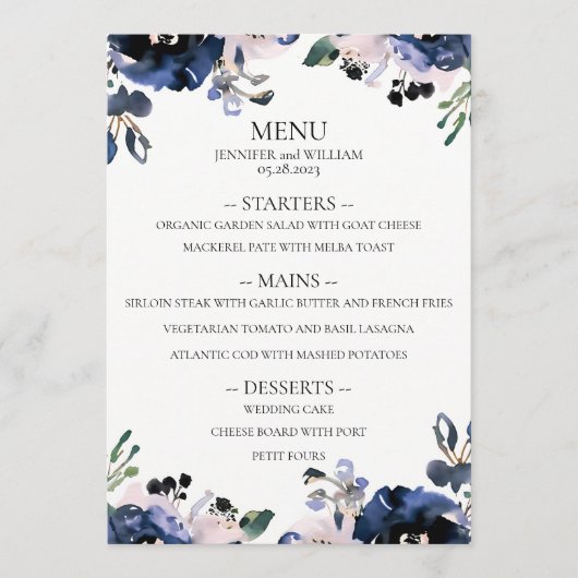 Menu Mariage floral élégant bleu marine et rose pâle (Devant)