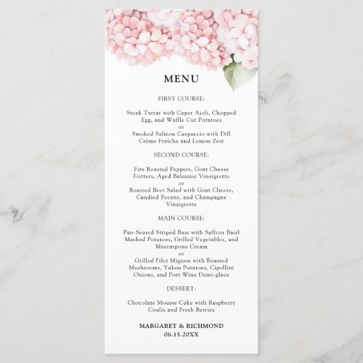 Menu Mariage floral élégant Rose Hydrangea (Devant)