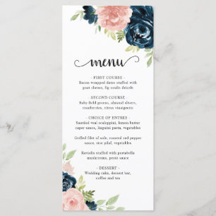 Menu Mariage Floral Élégant Rose Pâle Bleu Marine