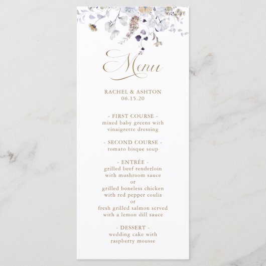 Menu Mariage floral élégant violet blanc or (Devant)