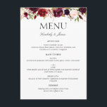 menu mariage floral et bordeaux aquarelle<br><div class="desc">design floral moderne. Elégant rose aquarelle aux couleurs bordeaux et rougissantes. Vous pouvez personnaliser le texte et les couleurs.</div>