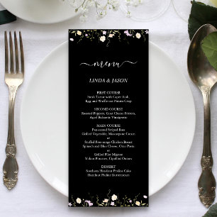 Menu Mariage Floral Fleur sauvage élégant noir et blanc