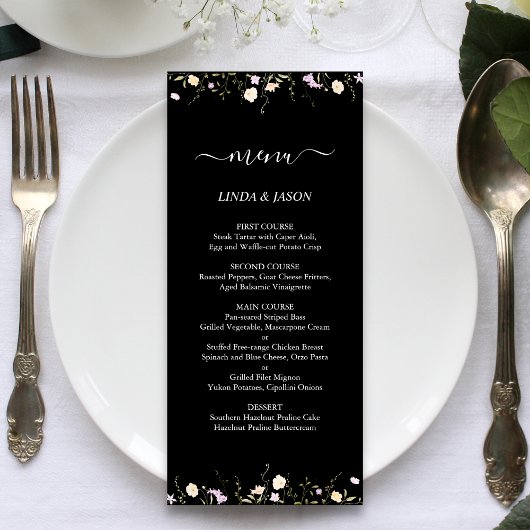 Menu Mariage Floral Fleur sauvage élégant noir et blanc