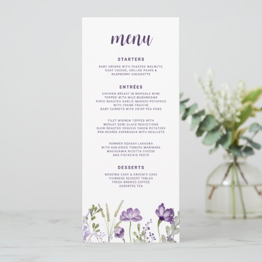 Menu Mariage Floral Fleur sauvage violet et lavande (Debout devant)