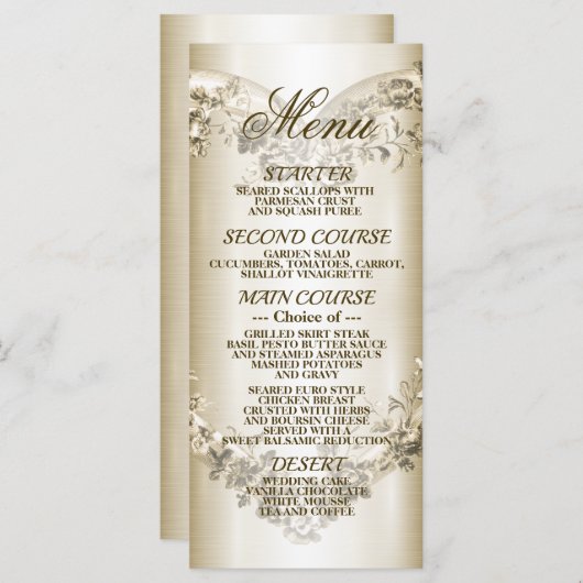 Menu Mariage Floral Golden Ornate Heart Frame Party (Devant / Derrière)