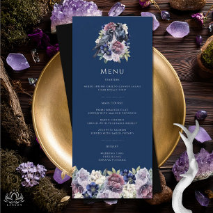 Menu Mariage Floral Gothique Violet Aquarelle Corbeaux