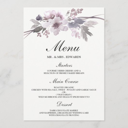 Menu Mariage Floral Hiver Élégant Violet Gris (Devant)