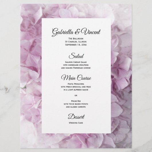 Menu Mariage Floral Hydrangea Rose doux (Devant)