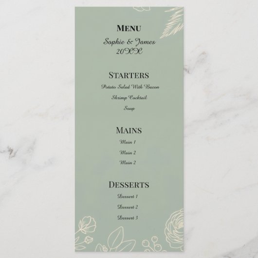 Menu Mariage Floral Line Art Vert Sauge (Devant)