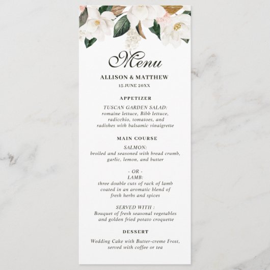 Menu mariage floral magnolia aquarelle (Devant)