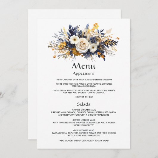 Menu Mariage floral marine, blanc et or (Devant / Derrière)