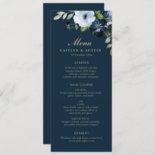 Menu mariage floral marine et or (Devant / Derrière)
