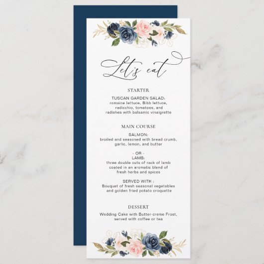 Menu mariage floral marine et roux (Devant / Derrière)