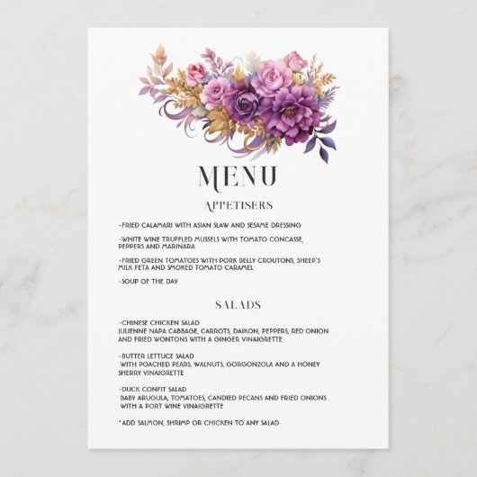 Menu Mariage floral mauve et or (Devant)
