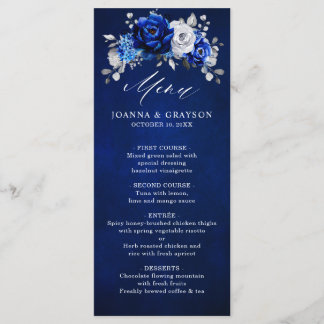 Menu Mariage floral métallisé bleu royal blanc argent