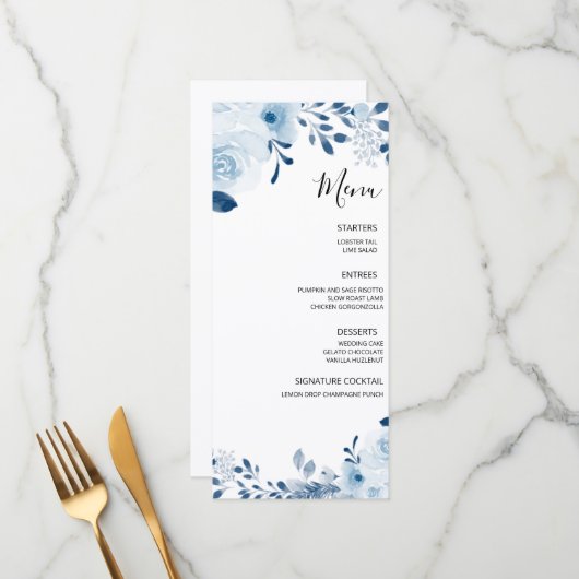 Menu Mariage Floral Moderne Bleu Français (Devant/Arrière en situation)