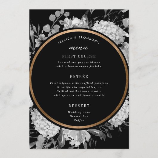 Menu Mariage floral moderne noir et blanc (Devant)