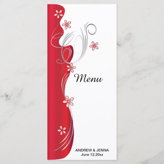 Menu Mariage floral moderne | Rouge profond et argent (Dos)